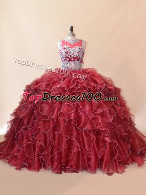 Decent Scoop Sleeveless Quinceanera Dress Brush Train Beading and Lace and Appliques Red Organza