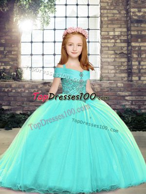 Aqua Blue Ball Gowns Straps Sleeveless Brush Train Lace Up Beading Girls Pageant Dresses
