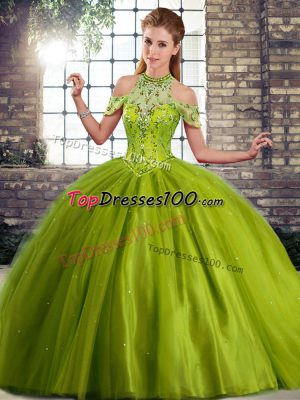 Best Olive Green Lace Up Halter Top Beading Quinceanera Dresses Tulle Sleeveless Brush Train
