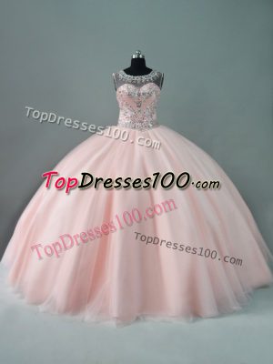 Ball Gowns Ball Gown Prom Dress Peach Scoop Tulle Sleeveless Floor Length Zipper