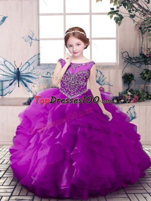 Scoop Sleeveless Little Girls Pageant Dress Floor Length Beading and Ruffles Purple Organza