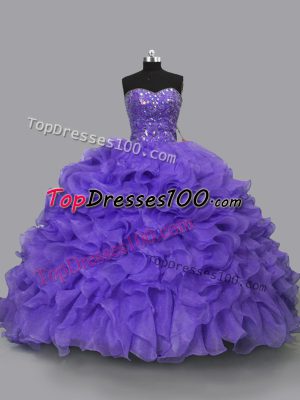 Purple Organza Lace Up Sweet 16 Dress Sleeveless Floor Length Beading and Ruffles