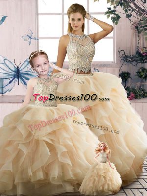 Elegant Tulle Scoop Sleeveless Zipper Beading and Ruffles 15th Birthday Dress in Champagne