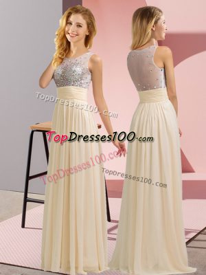 Stylish Floor Length Champagne Bridesmaid Gown Chiffon Sleeveless Beading