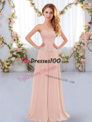 Exquisite Pink Lace Up Quinceanera Dama Dress Ruching Sleeveless Floor Length