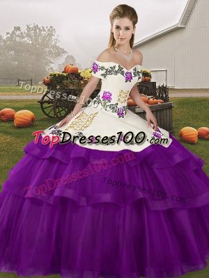 Sumptuous Off The Shoulder Sleeveless Sweet 16 Dresses Brush Train Embroidery and Ruffled Layers Purple Tulle