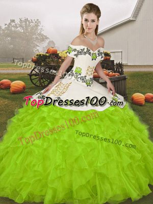 Floor Length Yellow Green Vestidos de Quinceanera Organza Sleeveless Embroidery and Ruffles
