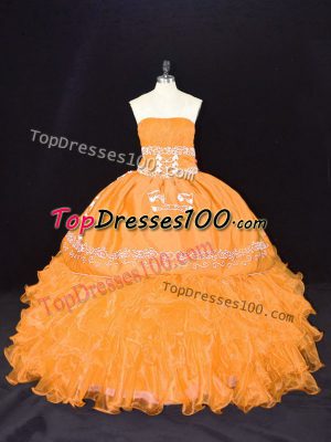 Gold Sleeveless Floor Length Embroidery and Ruffles Lace Up Sweet 16 Dress