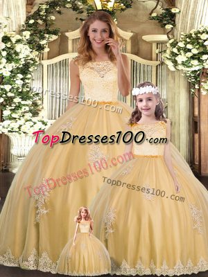 Floor Length Gold Quinceanera Dresses Scoop Sleeveless Clasp Handle