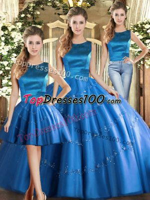 Floor Length Blue 15 Quinceanera Dress Scoop Sleeveless Lace Up
