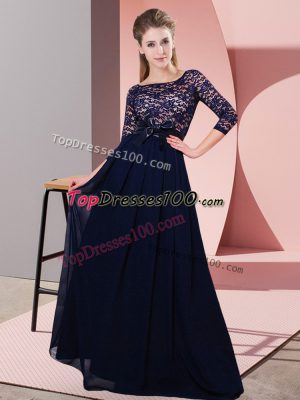 Inexpensive Black Side Zipper Scoop Lace and Belt Dama Dress Chiffon 3 4 Length Sleeve