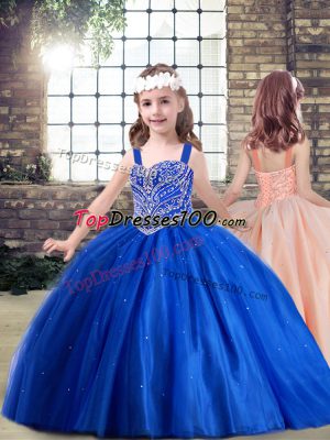 Wonderful Royal Blue Little Girl Pageant Gowns Party and Quinceanera with Beading Straps Sleeveless Lace Up