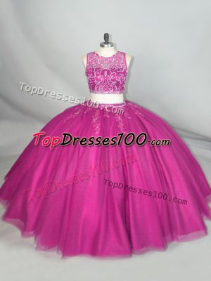Elegant Scoop Sleeveless Zipper Sweet 16 Dress Fuchsia Tulle