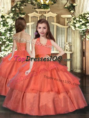 Floor Length Lace Up Kids Formal Wear Orange Red for Party and Wedding Party with Ruffled Layers