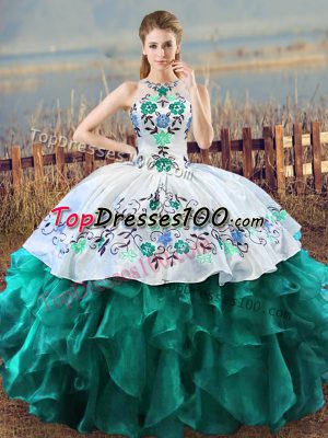 Classical Floor Length Lace Up Sweet 16 Dress Turquoise for Sweet 16 and Quinceanera with Embroidery and Ruffles