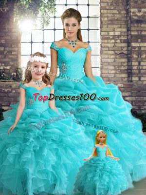Aqua Blue Ball Gowns Beading and Ruffles and Pick Ups Vestidos de Quinceanera Lace Up Organza Sleeveless Floor Length