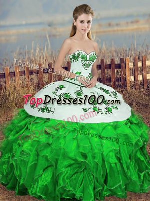 Hot Sale Sweetheart Sleeveless Sweet 16 Dresses Floor Length Embroidery and Ruffles and Bowknot Green Organza