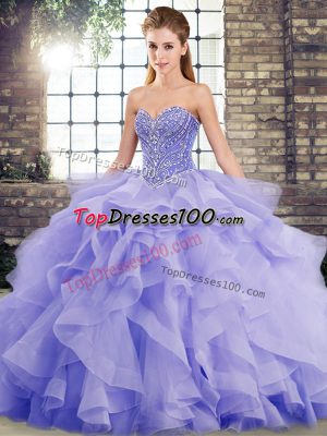 Smart Lavender Ball Gowns Tulle Sweetheart Sleeveless Beading and Ruffles Lace Up Sweet 16 Dresses Brush Train