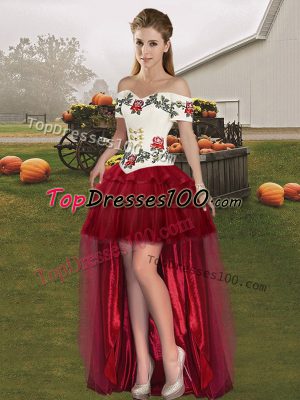 Flare Wine Red Organza Lace Up Prom Gown Sleeveless High Low Embroidery and Ruffled Layers