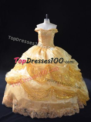 Ball Gowns Vestidos de Quinceanera Gold Off The Shoulder Organza Sleeveless Floor Length Lace Up