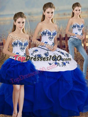Glorious Royal Blue 15 Quinceanera Dress Military Ball and Sweet 16 and Quinceanera with Embroidery and Ruffles and Bowknot Sweetheart Sleeveless Lace Up