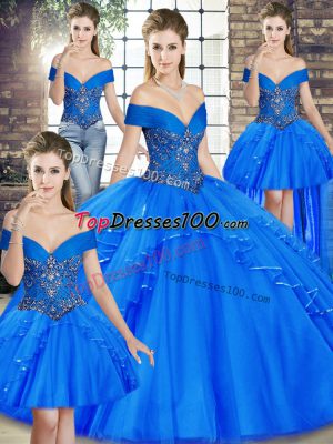 Adorable Royal Blue Off The Shoulder Neckline Beading and Ruffles Quinceanera Dress Sleeveless Lace Up