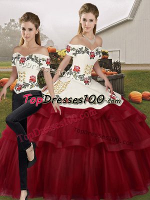 Off The Shoulder Sleeveless Quinceanera Gown Brush Train Embroidery and Ruffled Layers Wine Red Tulle