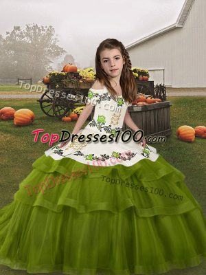Popular Olive Green Tulle Lace Up Straps Sleeveless Floor Length Kids Formal Wear Embroidery and Ruffled Layers