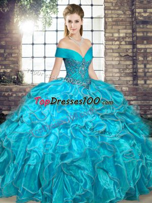 Spectacular Aqua Blue Lace Up Ball Gown Prom Dress Beading and Ruffles Sleeveless Floor Length