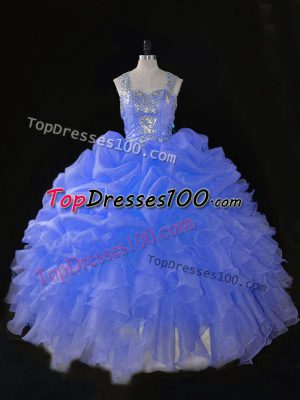 Super Blue Straps Neckline Beading and Ruffles Sweet 16 Dress Sleeveless Zipper