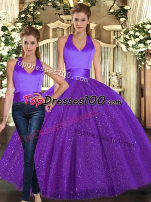 Purple Sequined Lace Up Halter Top Sleeveless Floor Length Sweet 16 Quinceanera Dress Ruching
