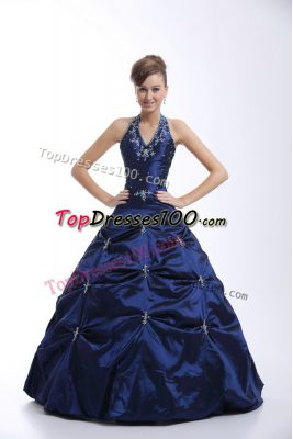 Taffeta Halter Top Sleeveless Lace Up Embroidery and Pick Ups Quinceanera Dress in Royal Blue