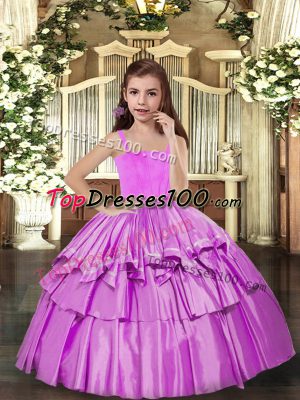 Simple Lilac Lace Up Little Girl Pageant Gowns Sleeveless Floor Length Ruffled Layers