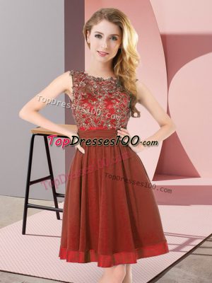 Beauteous Beading and Appliques Bridesmaid Gown Rust Red Backless Sleeveless Mini Length