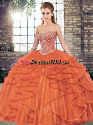 Rust Red Lace Up Sweetheart Beading and Ruffles Sweet 16 Dresses Tulle Sleeveless