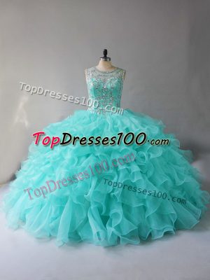 Beading and Ruffles Quinceanera Gowns Aqua Blue Lace Up Sleeveless