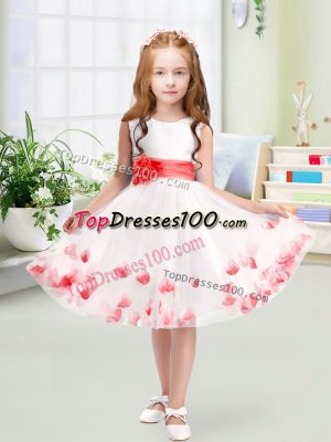 White Scoop Neckline Appliques and Belt Flower Girl Dress Sleeveless Zipper