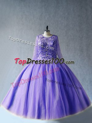 Floor Length Lace Up Ball Gown Prom Dress Lavender for Sweet 16 and Quinceanera with Beading