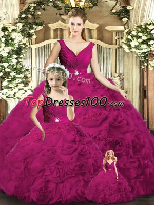 Fuchsia Ball Gowns V-neck Sleeveless Fabric With Rolling Flowers Floor Length Backless Beading Vestidos de Quinceanera