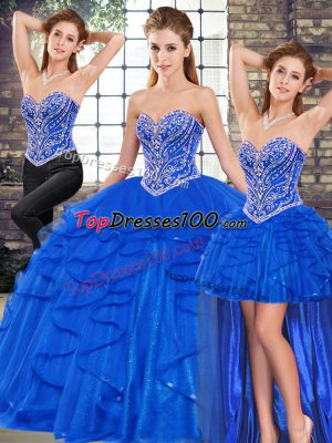 Dramatic Floor Length Royal Blue Sweet 16 Dresses Tulle Sleeveless Beading and Ruffles