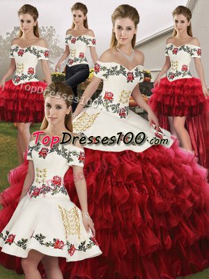 High Class Wine Red Lace Up Off The Shoulder Embroidery and Ruffled Layers Quinceanera Dresses Organza Sleeveless