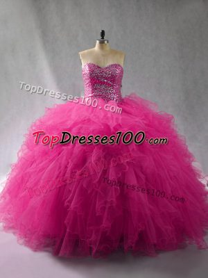 Fuchsia 15th Birthday Dress Sweet 16 and Quinceanera with Beading and Ruffles Halter Top Sleeveless Lace Up