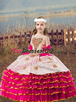 Fuchsia Organza Lace Up Little Girls Pageant Gowns Sleeveless Floor Length Beading and Embroidery and Ruffled Layers