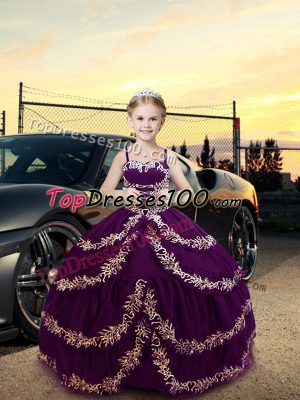 Fashion Sleeveless Satin Floor Length Lace Up Glitz Pageant Dress in Purple with Embroidery