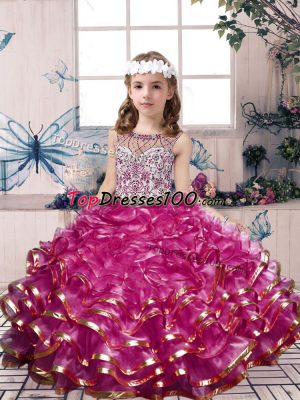 Fuchsia Organza Lace Up Scoop Sleeveless Floor Length Child Pageant Dress Beading and Ruffles