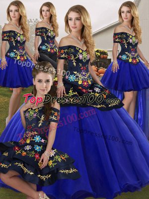 Royal Blue Off The Shoulder Neckline Embroidery Quinceanera Dress Sleeveless Lace Up
