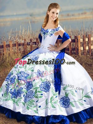 Blue And White Ball Gowns Embroidery and Ruffles Vestidos de Quinceanera Lace Up Satin and Organza Sleeveless Floor Length