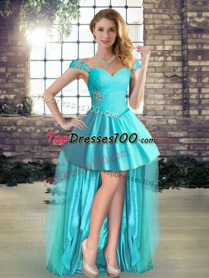Aqua Blue Tulle Lace Up Off The Shoulder Sleeveless High Low Evening Wear Beading