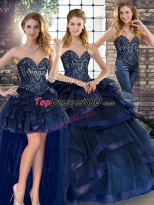 Glamorous Navy Blue Lace Up Sweetheart Beading and Ruffles Sweet 16 Quinceanera Dress Tulle Sleeveless