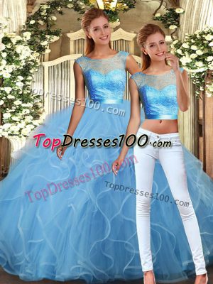 Smart Baby Blue Tulle Backless Ball Gown Prom Dress Sleeveless Floor Length Lace and Ruffles